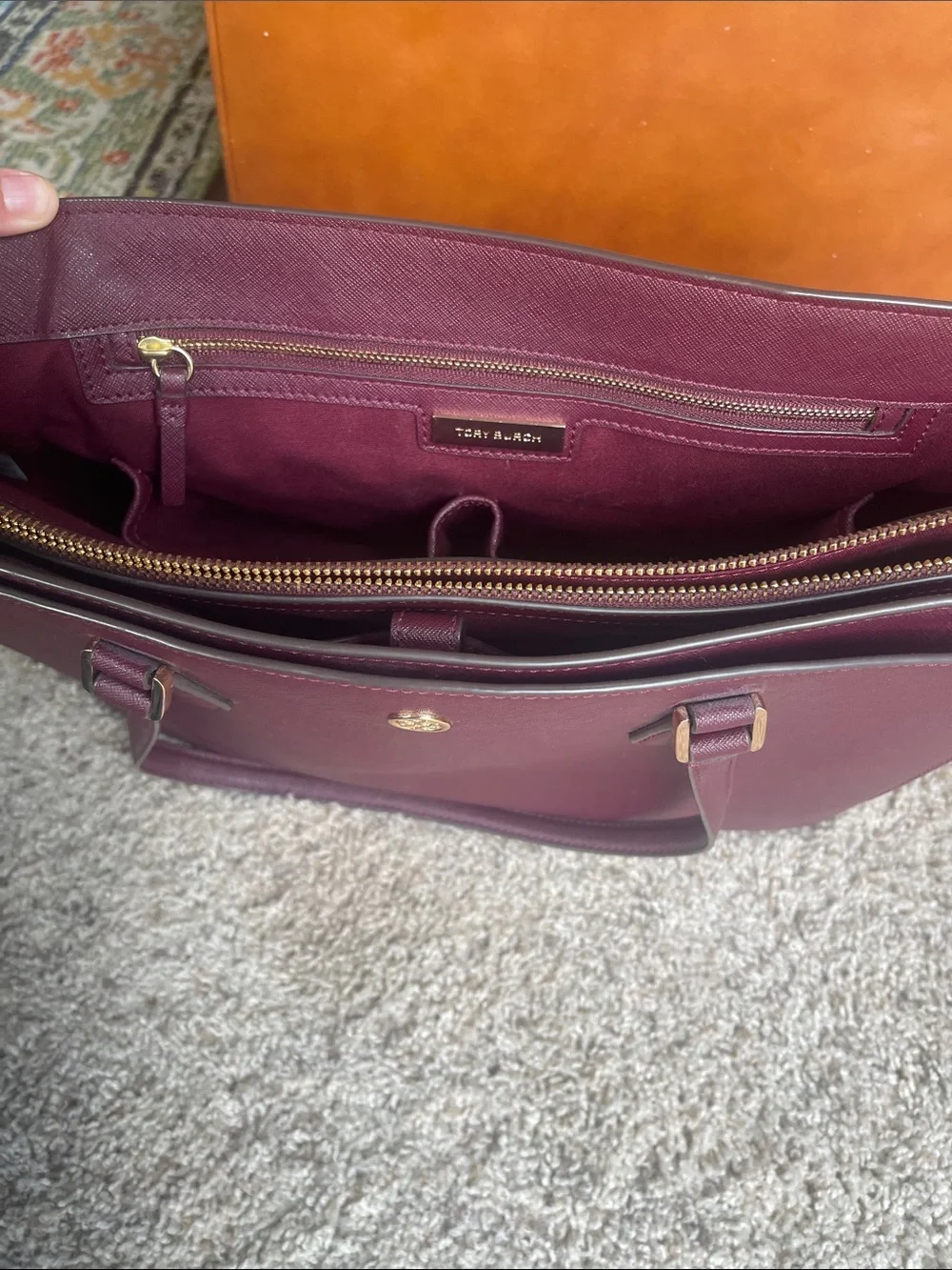 Tory Burch Wine Saffiano Leather Tote with Gold Logo
